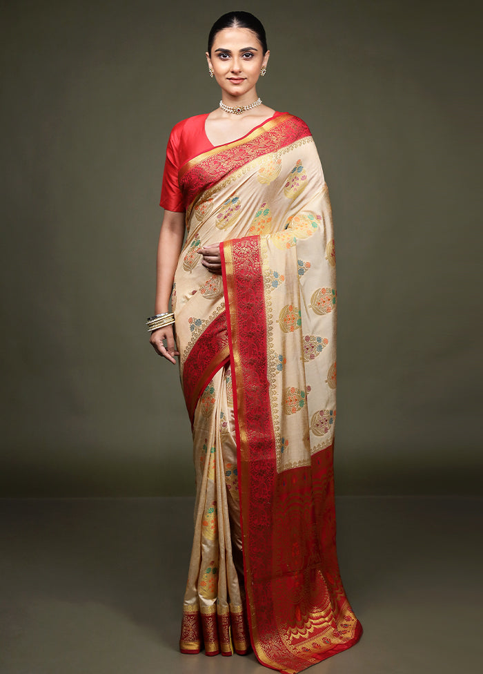 Cream Dupion Silk Saree With Blouse Piece
