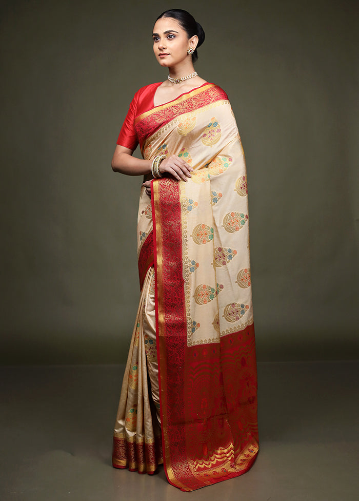 Cream Dupion Silk Saree With Blouse Piece