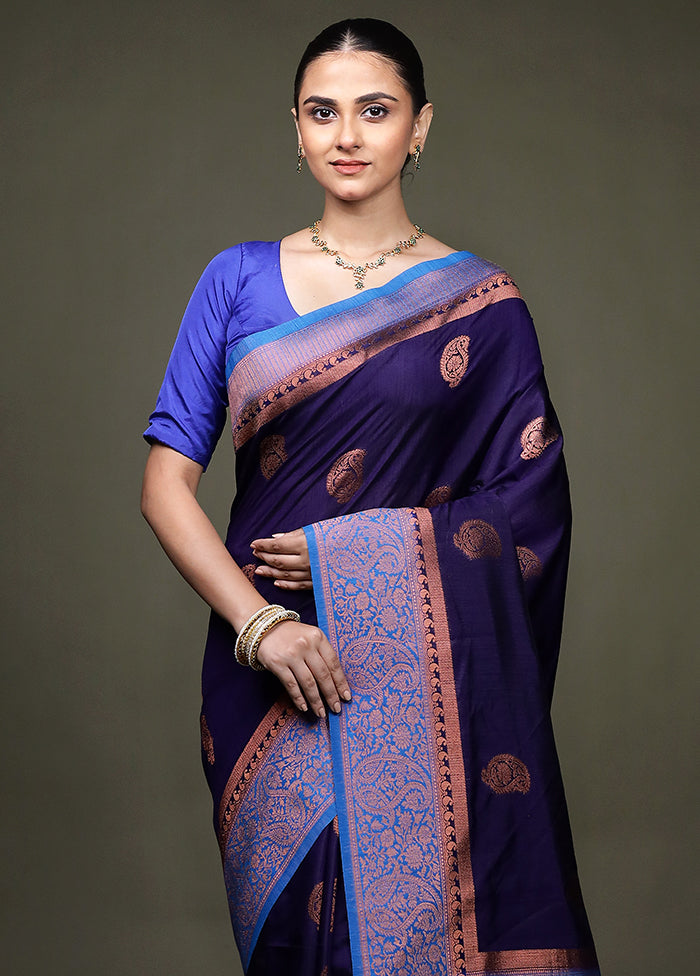 Blue Dupion Silk Saree With Blouse Piece