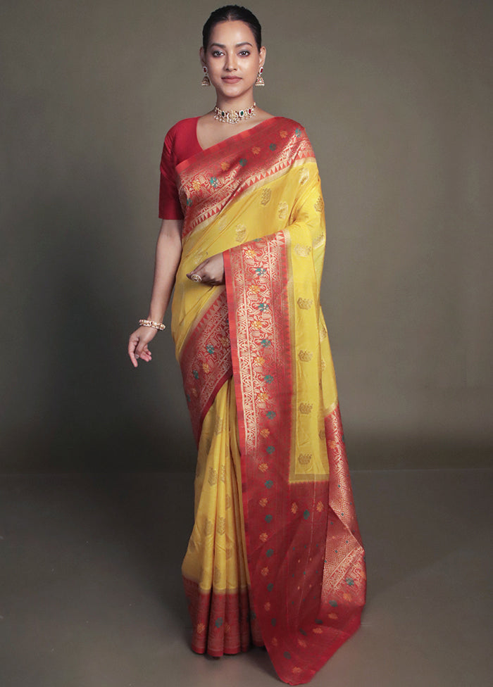 Yellow Dupion Silk Saree With Blouse Piece
