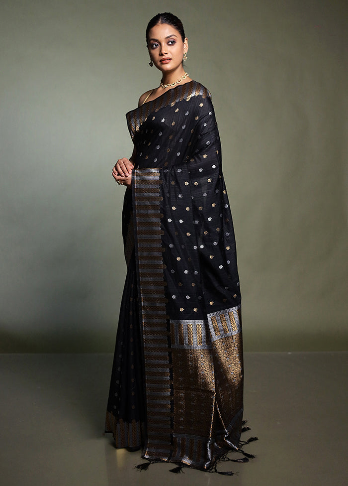 Black Dupion Silk Saree With Blouse Piece