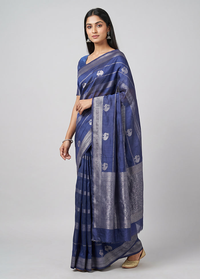 Blue Handloom Dupion Pure Silk Saree With Blouse Piece