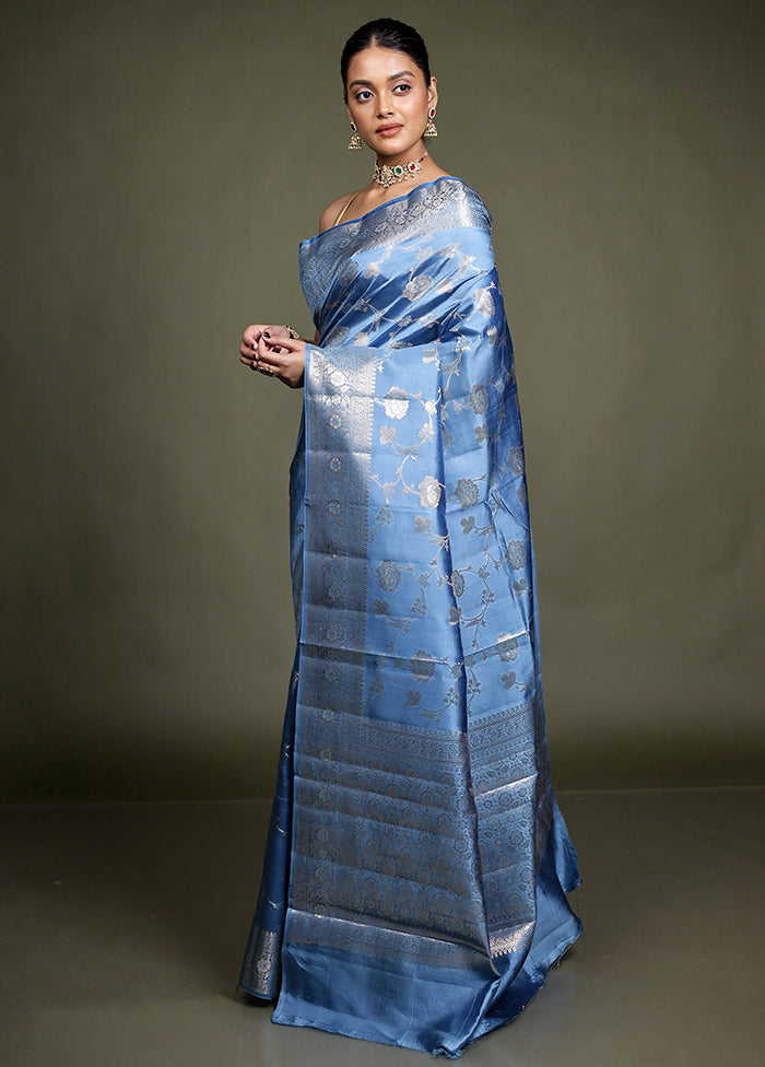 Blue Handloom Dupion Pure Silk Saree With Blouse Piece