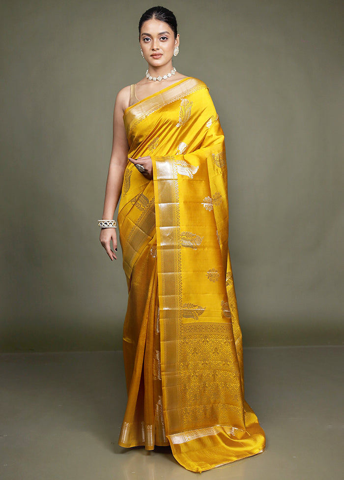 Yellow Handloom Dupion Pure Silk Saree With Blouse Piece