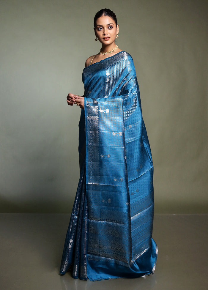 Blue Handloom Dupion Pure Silk Saree With Blouse Piece