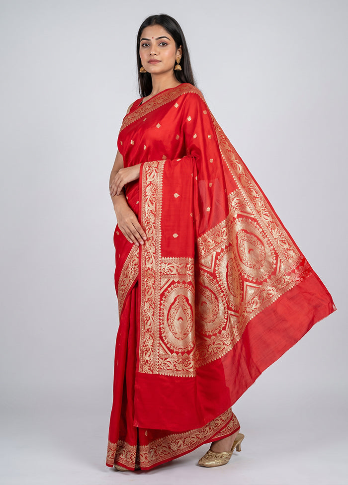 Red Banarasi Silk Saree With Blouse Piece