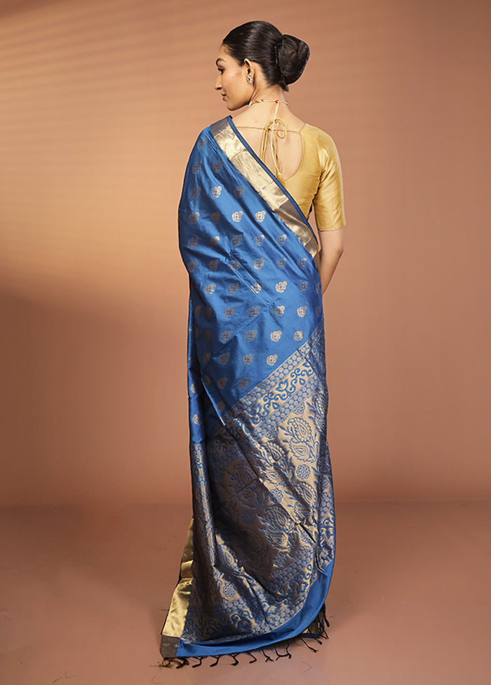 Blue Kanjivaram Silk Saree With Blouse Piece