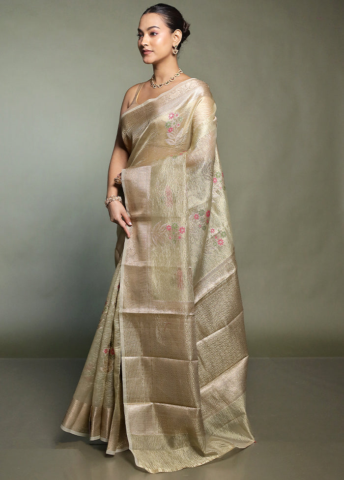 Green Crushed Tissue Silk Saree With Blouse Piece