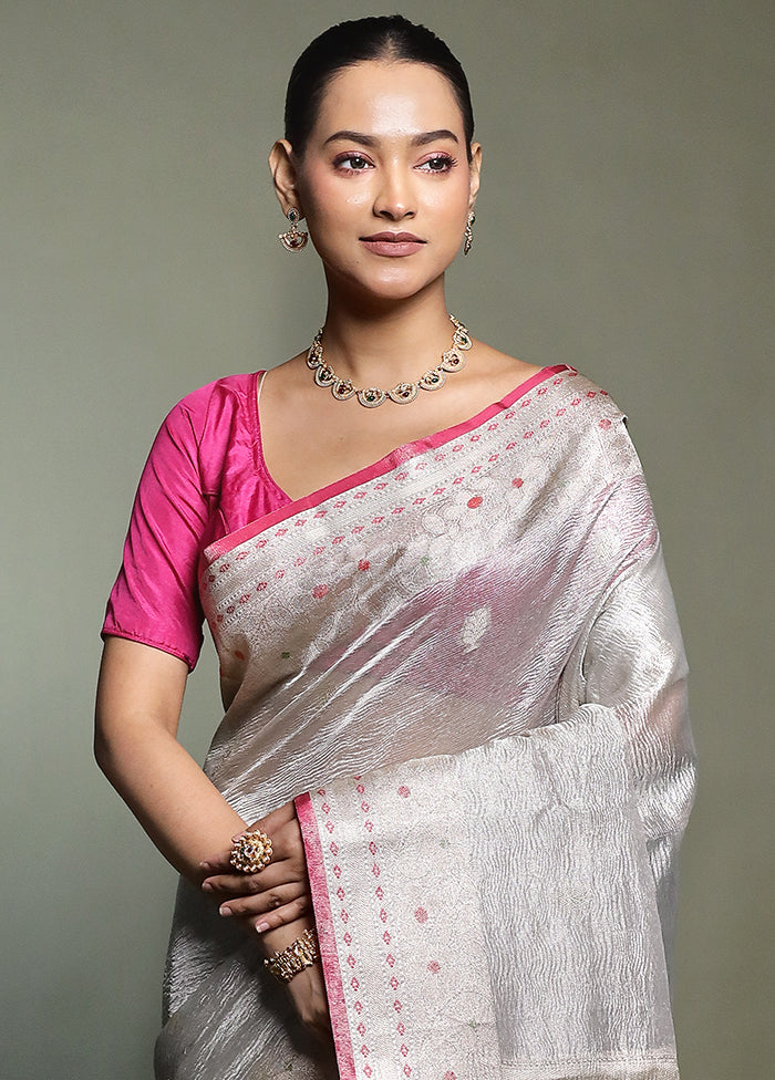 Grey Crushed Tissue Silk Saree With Blouse Piece