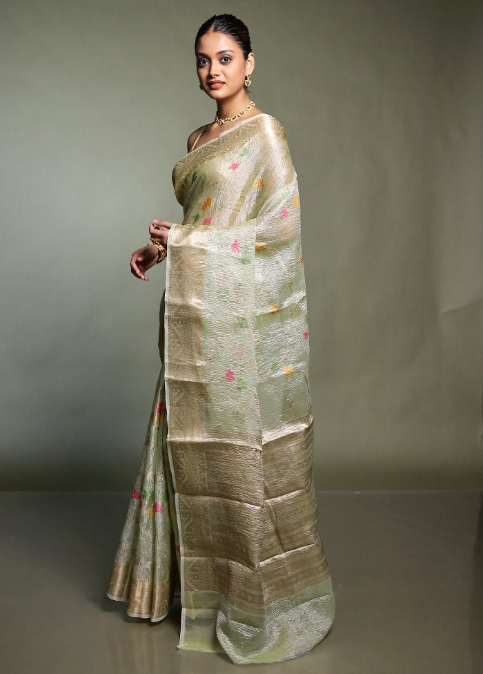 Green Crushed Tissue Silk Saree With Blouse Piece