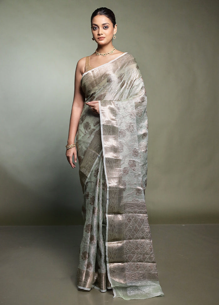 Green Crushed Tissue Silk Saree With Blouse Piece