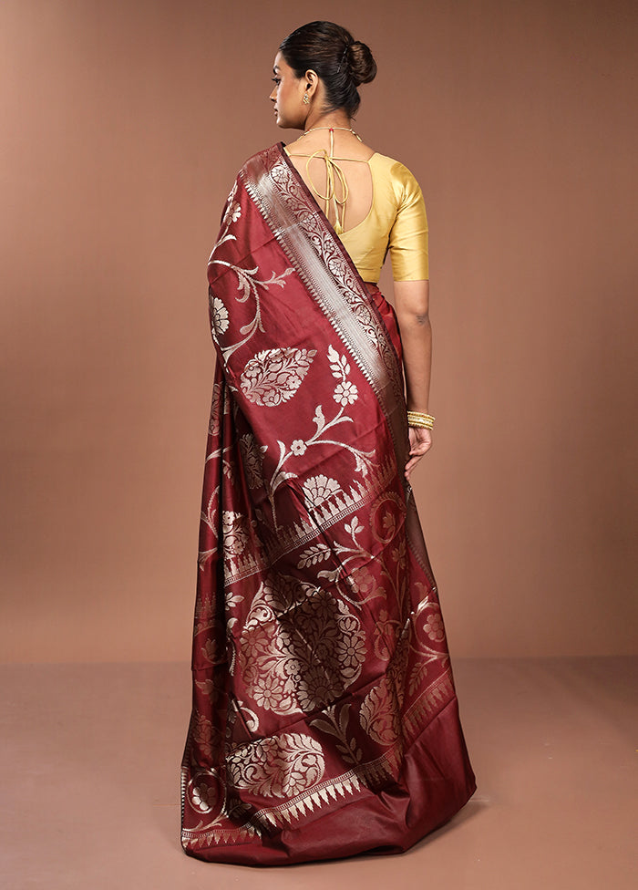 Maroon Kora Silk Saree With Blouse Piece
