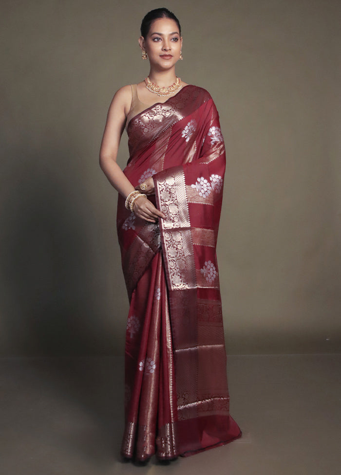 Maroon Kora Silk Saree With Blouse Piece