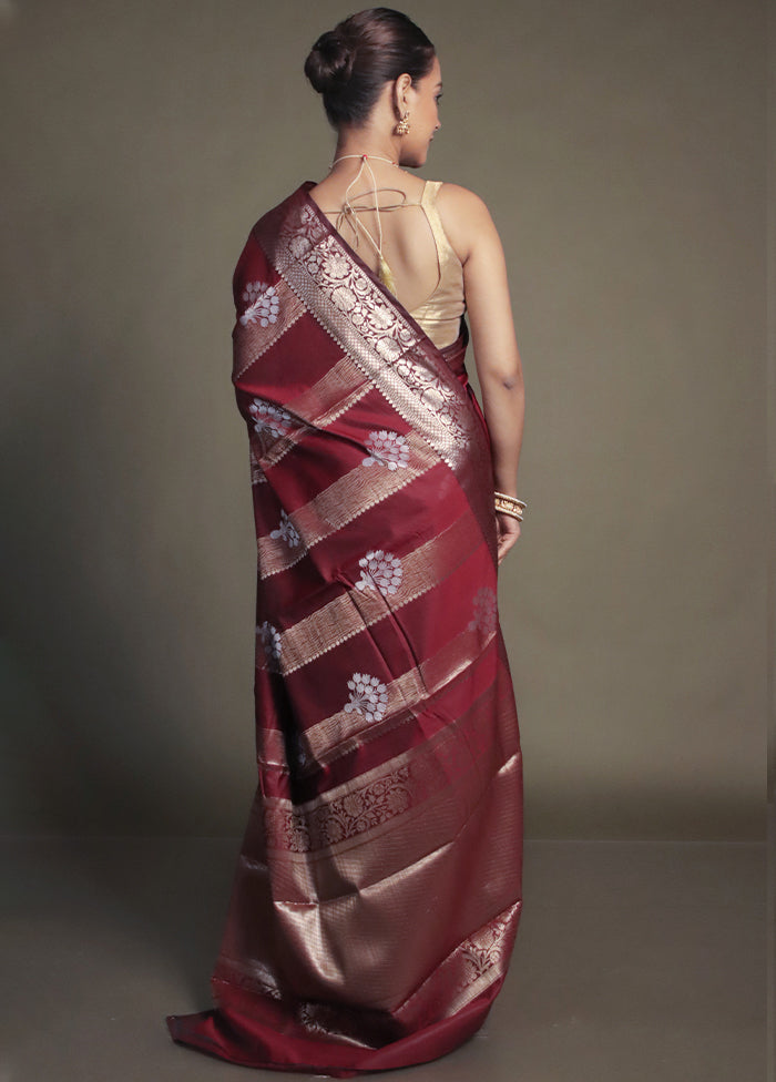 Maroon Kora Silk Saree With Blouse Piece