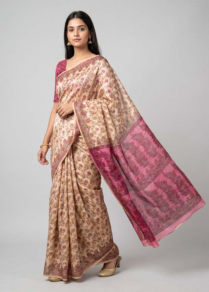 Cream Dupion Silk Saree With Blouse Piece