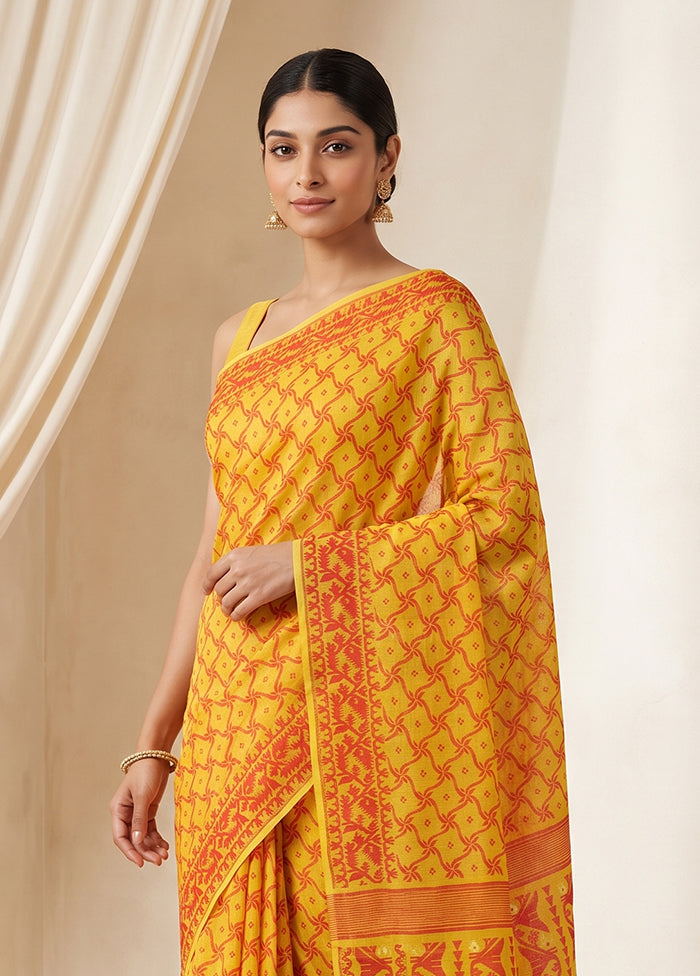 Yellow Jamdani Cotton Saree Without Blouse Piece