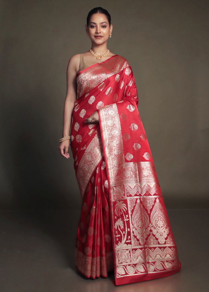 Red Banarasi Silk Saree With Blouse Piece