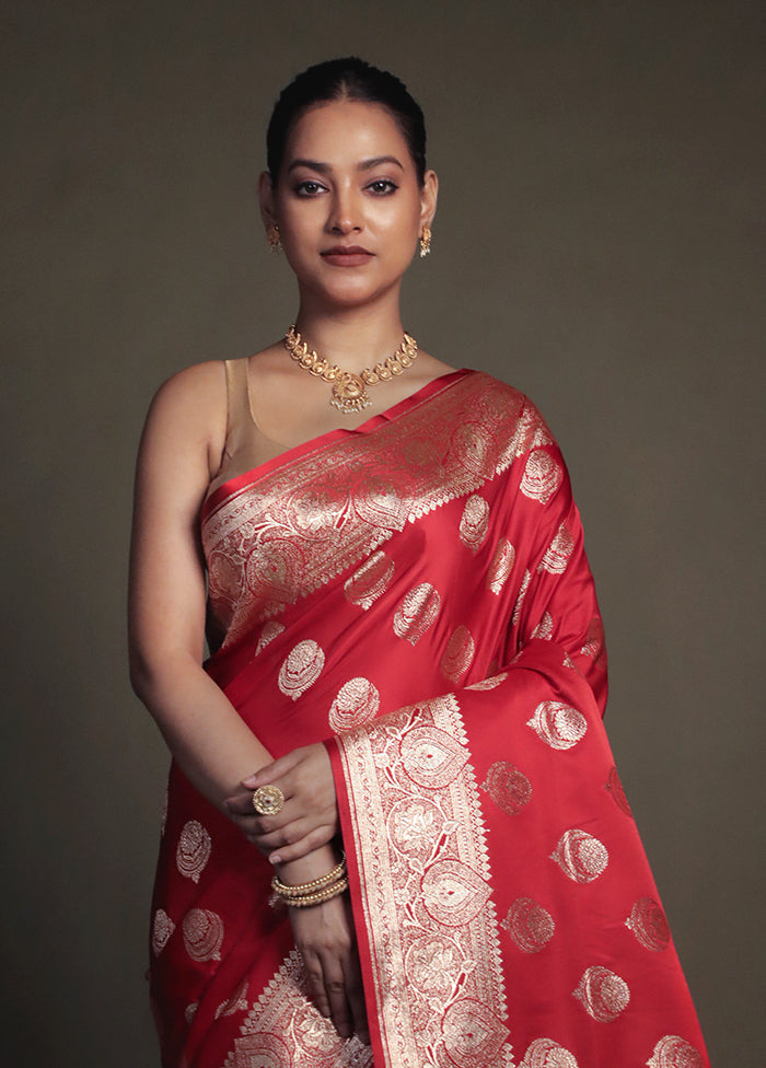 Red Banarasi Silk Saree With Blouse Piece