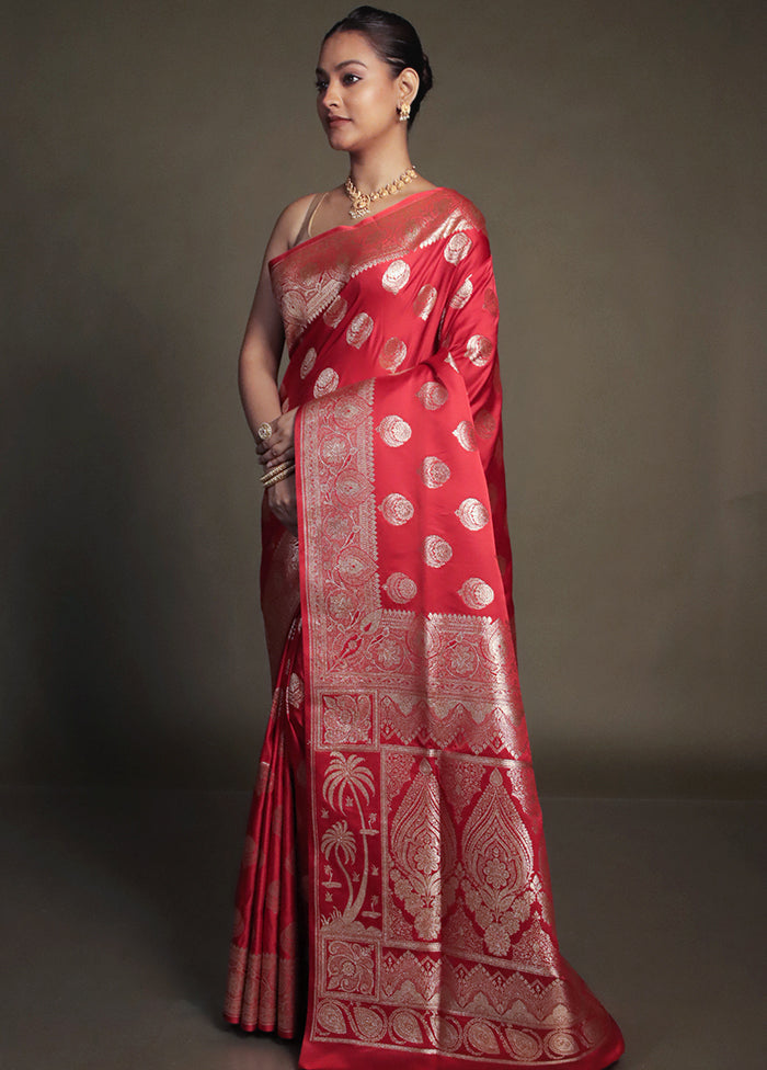 Red Banarasi Silk Saree With Blouse Piece