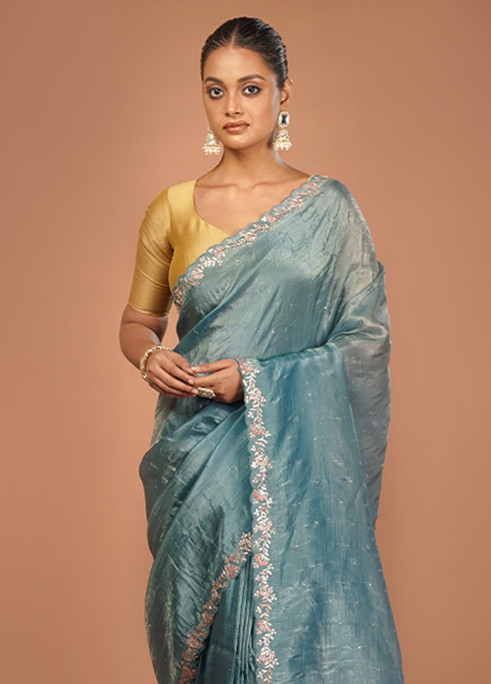 Blue Tissue Silk Saree With Blouse Piece