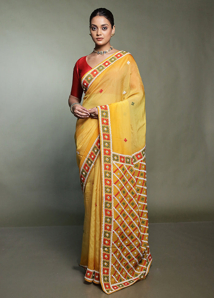 Yellow Handloom Pure Georgette Saree With Blouse Piece