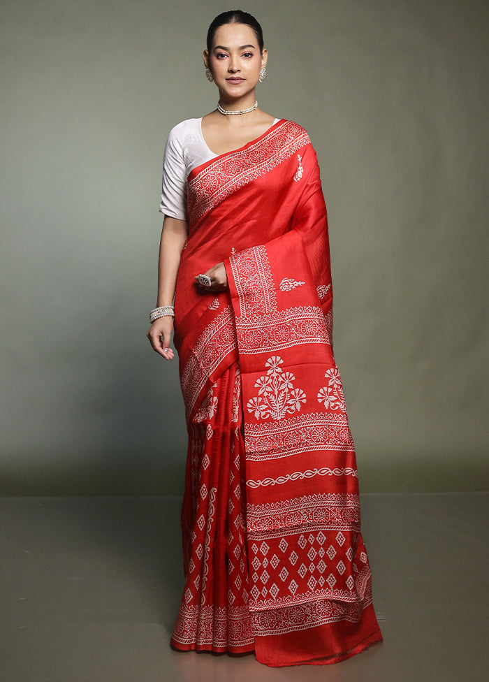 Red Printed Silk Saree Without Blouse Piece