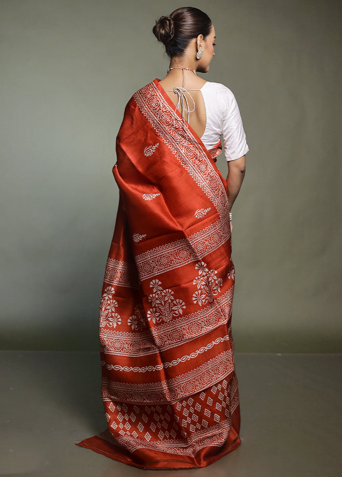 Rust Printed Pure Silk Saree Without Blouse Piece