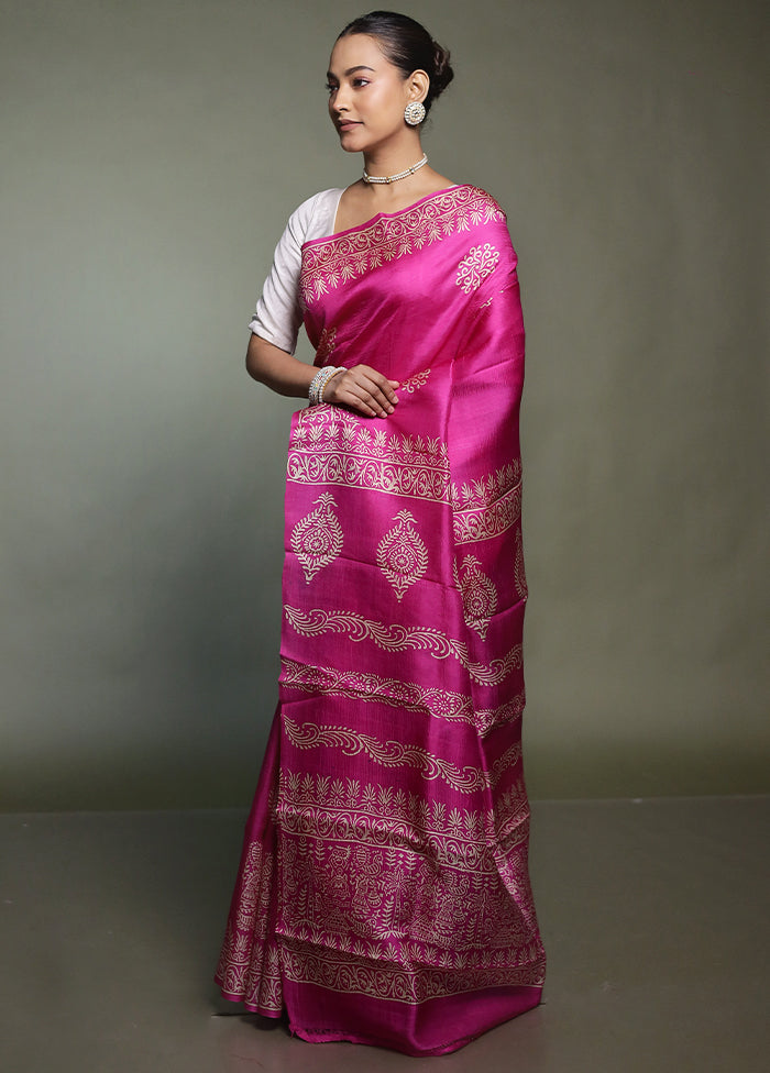 Purple Printed Pure Silk Saree Without Blouse Piece