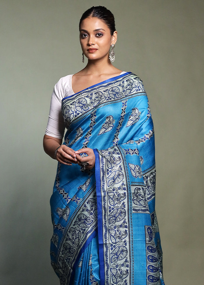 Blue Printed Silk Saree Without Blouse Piece