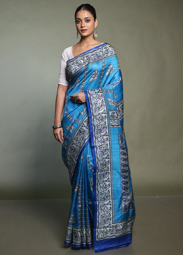 Blue Printed Silk Saree Without Blouse Piece