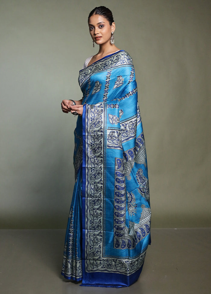 Blue Printed Silk Saree Without Blouse Piece