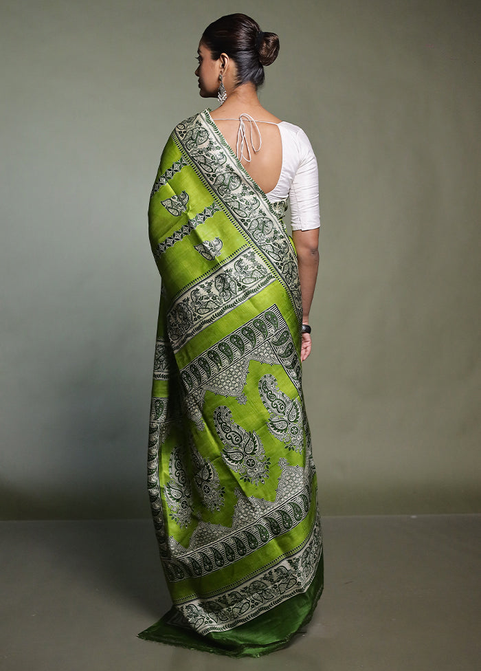Green Printed Pure Silk Saree Without Blouse Piece