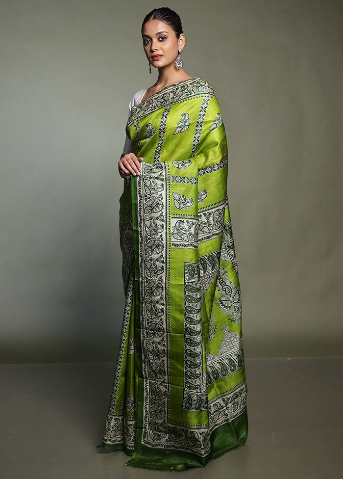 Green Printed Pure Silk Saree Without Blouse Piece