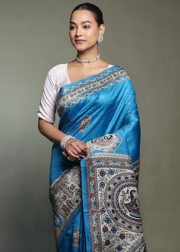Blue Printed Pure Silk Saree Without Blouse Piece