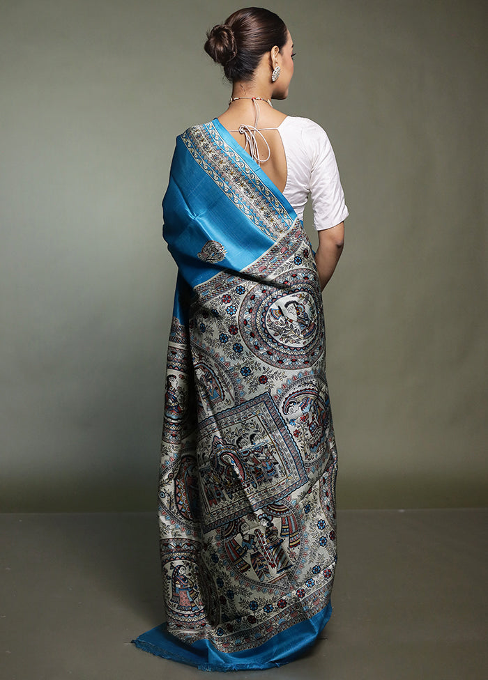 Blue Printed Pure Silk Saree Without Blouse Piece