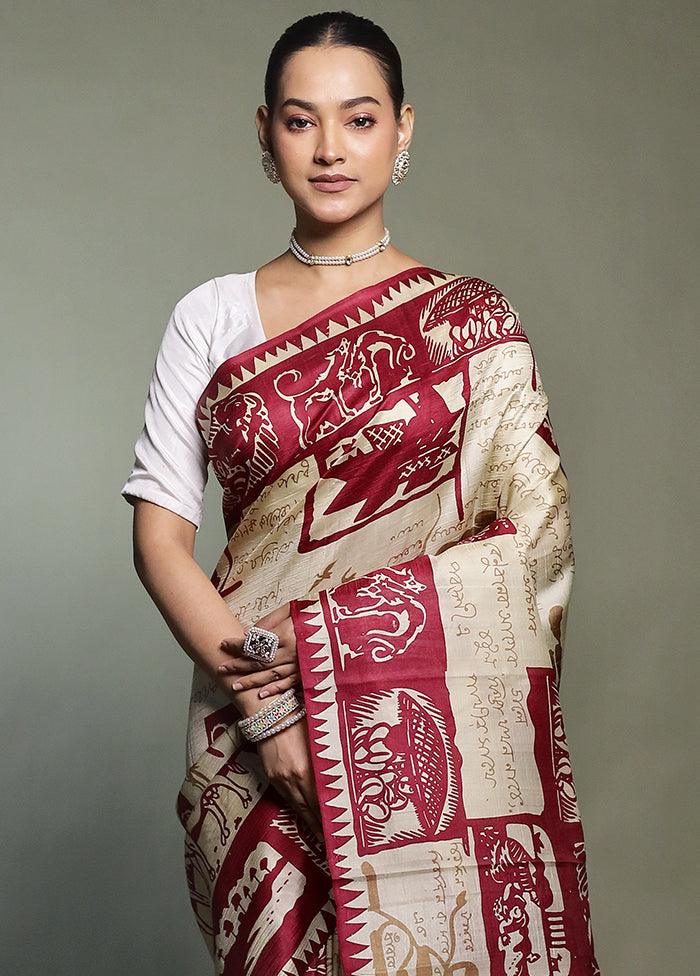Cream Printed Pure Silk Saree Without Blouse Piece