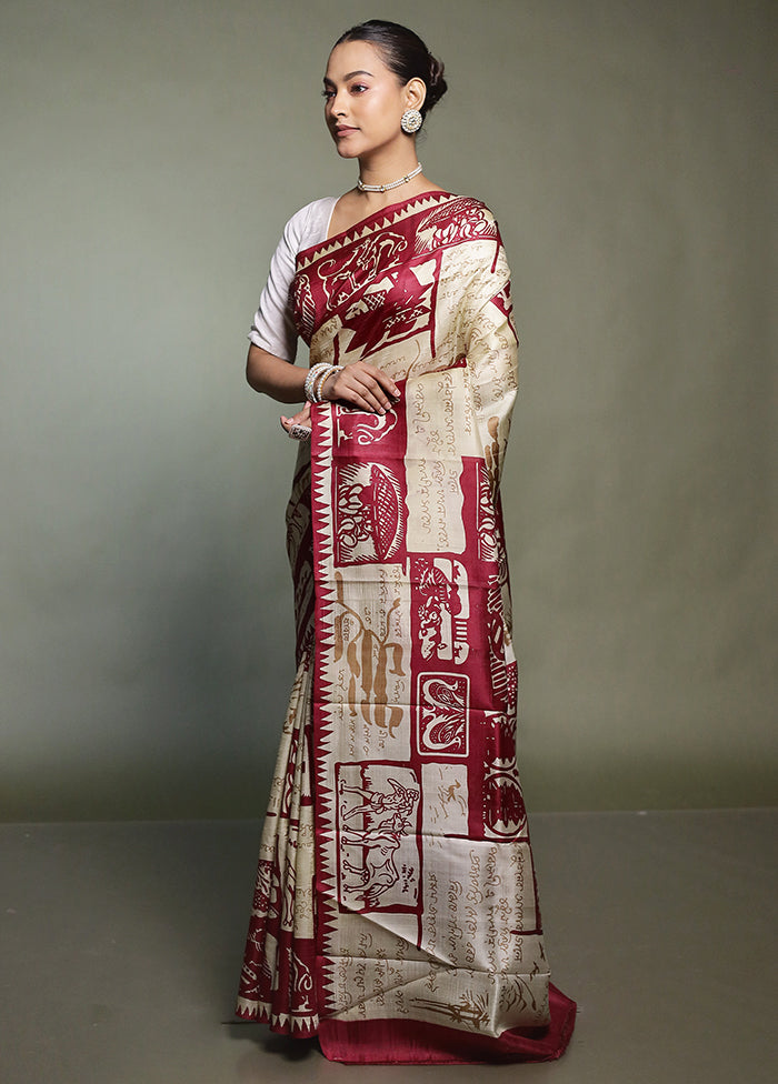 Cream Printed Pure Silk Saree Without Blouse Piece