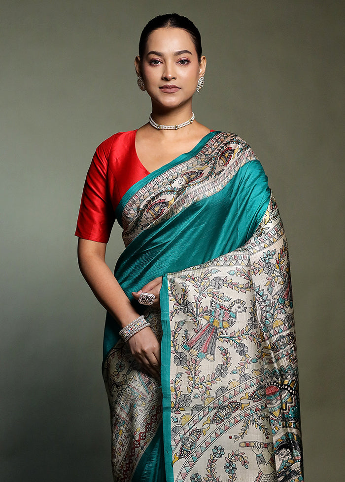 Green Printed Silk Saree Without Blouse Piece