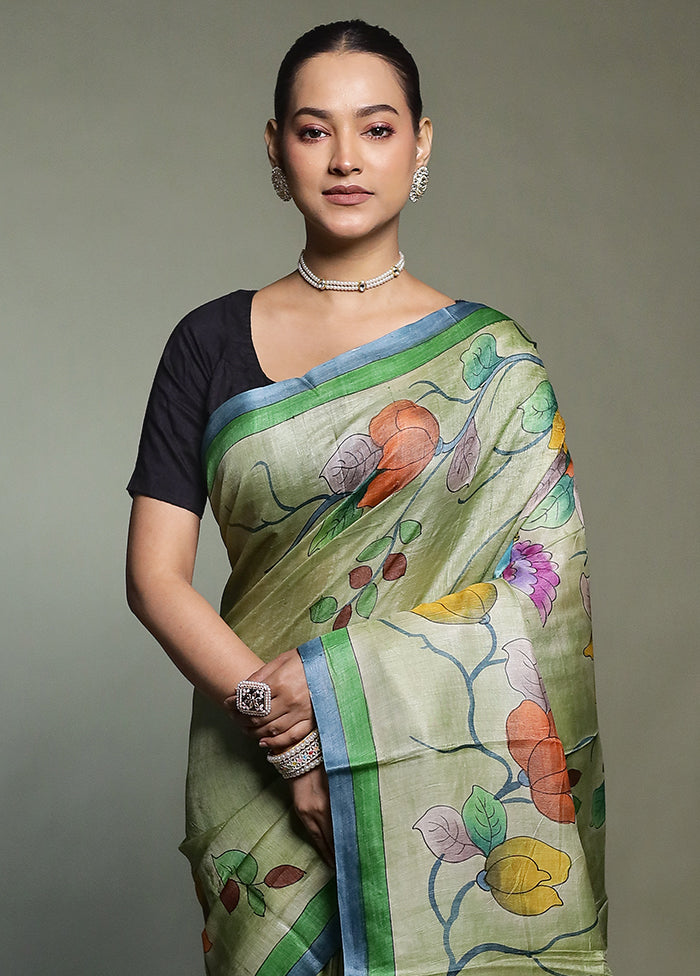 Green Handloom Tussar Pure Silk Saree With Blouse Piece