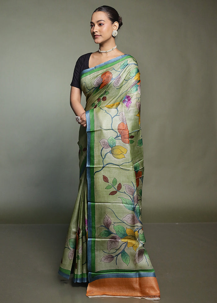 Green Handloom Tussar Pure Silk Saree With Blouse Piece