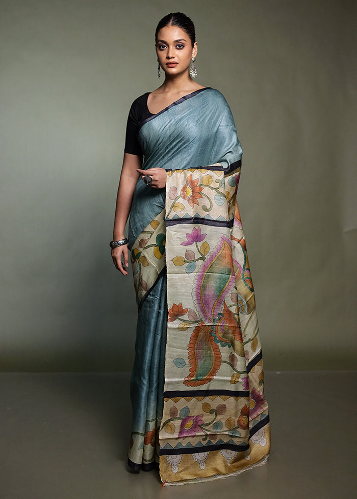Blue Handloom Tussar Pure Silk Saree With Blouse Piece