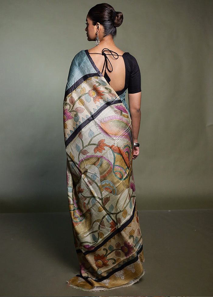 Blue Handloom Tussar Pure Silk Saree With Blouse Piece