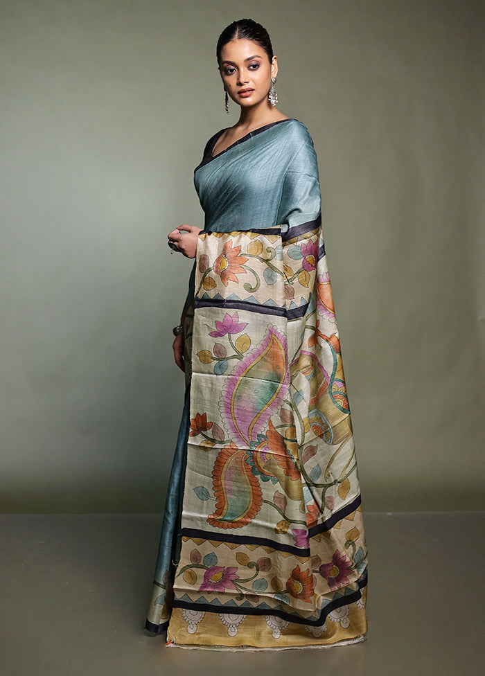 Blue Handloom Tussar Pure Silk Saree With Blouse Piece