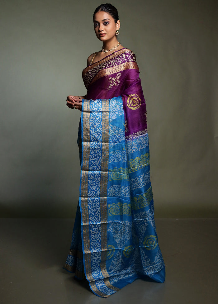Purple Printed Pure Silk Saree Without Blouse Piece