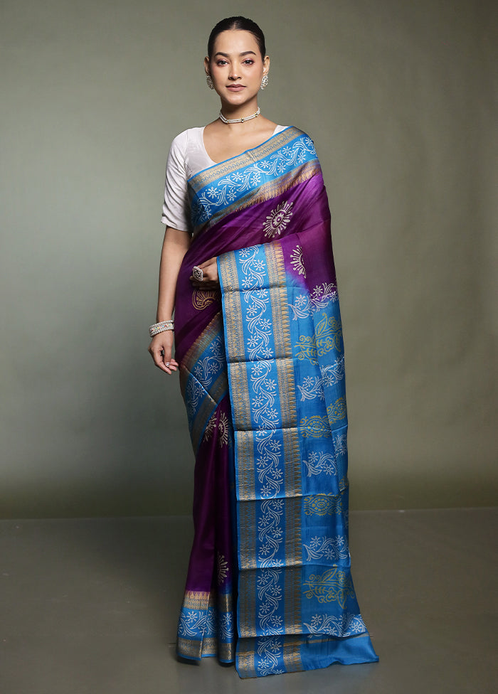 Purple Printed Pure Silk Saree Without Blouse Piece