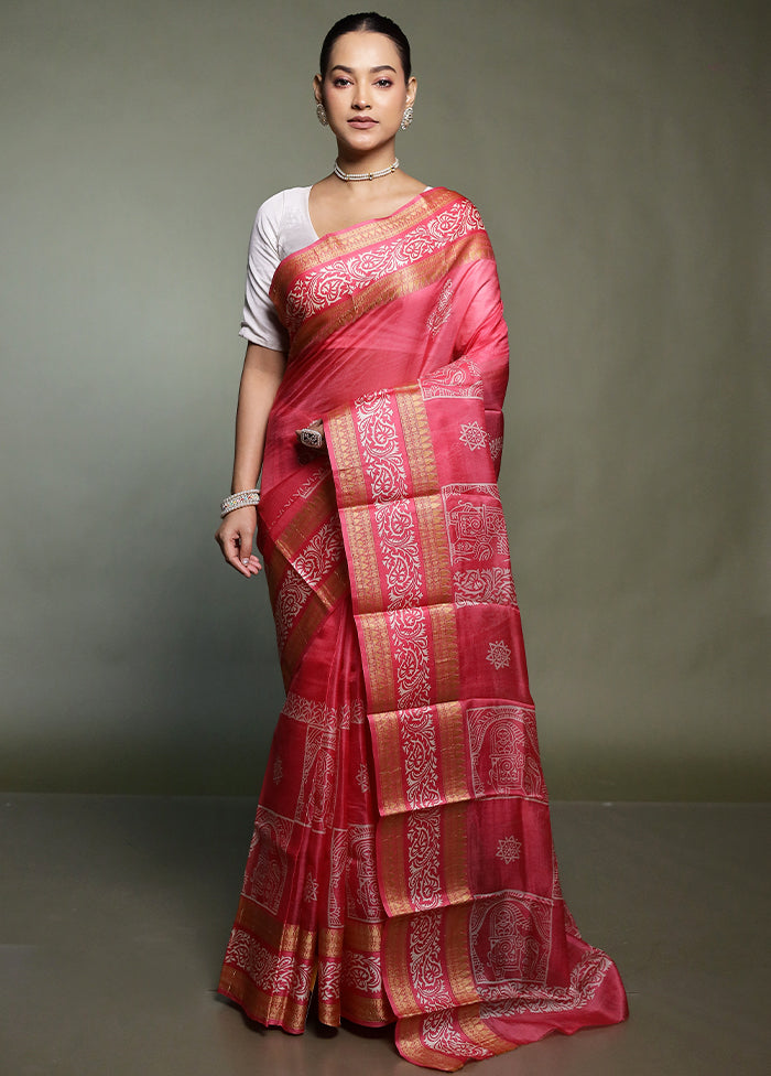 Pink Printed Silk Saree Without Blouse Piece