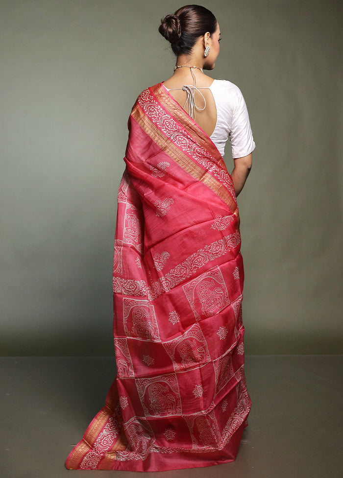 Pink Printed Silk Saree Without Blouse Piece