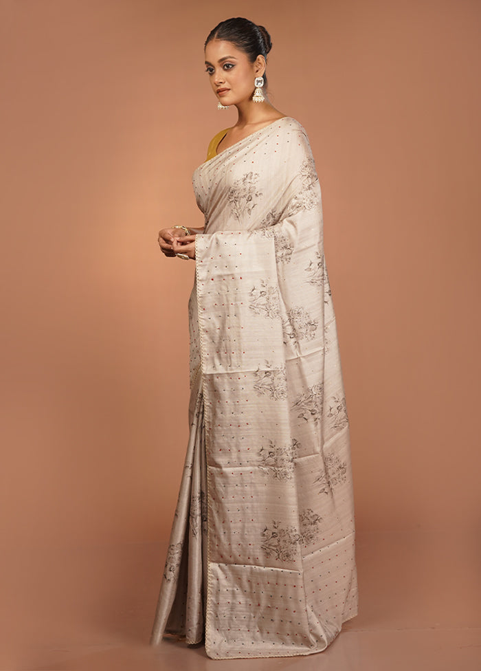 White Tussar Silk Saree With Blouse Piece