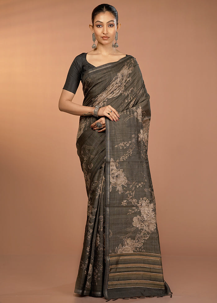 Black Tussar Silk Saree With Blouse Piece