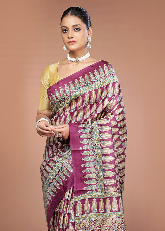 Purple Printed Pure Silk Saree Without Blouse Piece